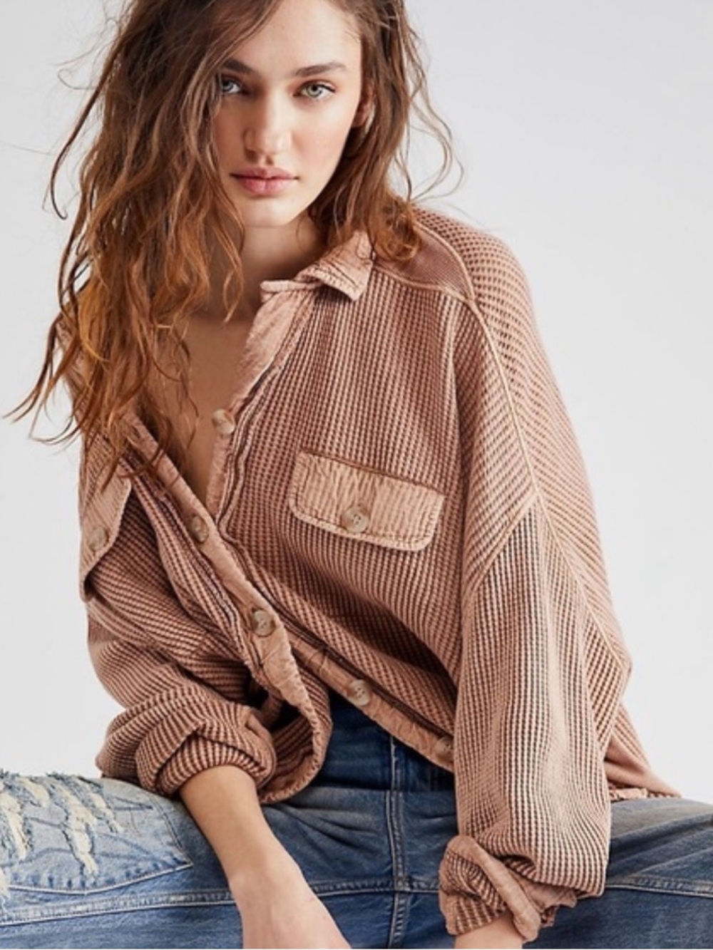 Free People Scout Bunny Dusty Rose Button-Up Waffle Knit Shacket Oversized XS - Picture 3 of 13